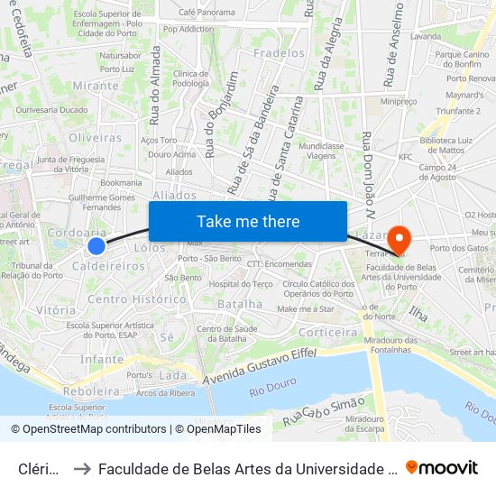 Clérigos to Faculdade de Belas Artes da Universidade do Porto map