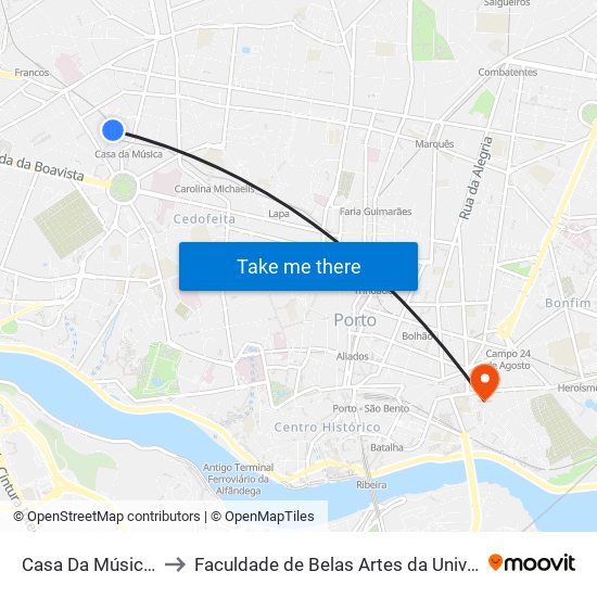 Casa da Música (Metro) to Faculdade de Belas Artes da Universidade do Porto map