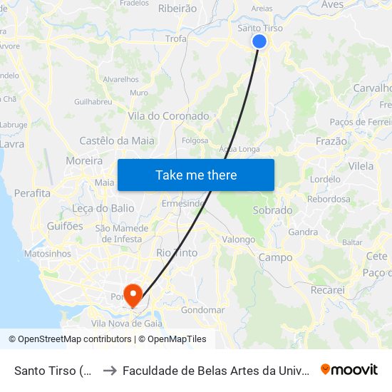 Santo Tirso (Terminal) to Faculdade de Belas Artes da Universidade do Porto map