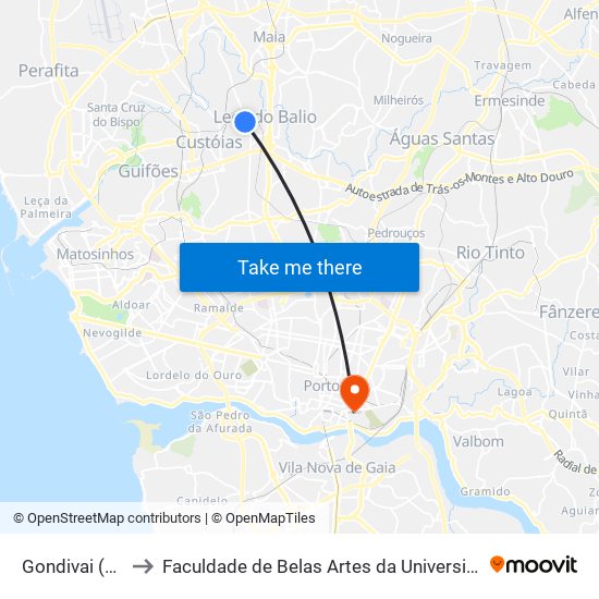 Gondivai (Norte) to Faculdade de Belas Artes da Universidade do Porto map