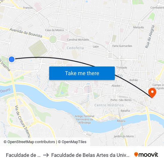 Faculdade de Ciências to Faculdade de Belas Artes da Universidade do Porto map