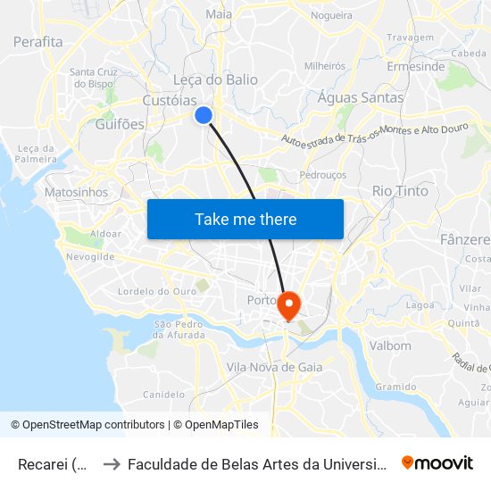 Recarei (Norte) to Faculdade de Belas Artes da Universidade do Porto map