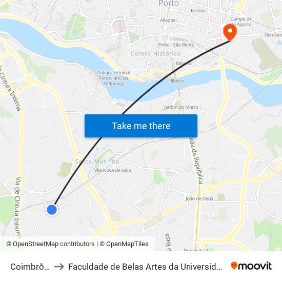 Coimbrões 1 to Faculdade de Belas Artes da Universidade do Porto map