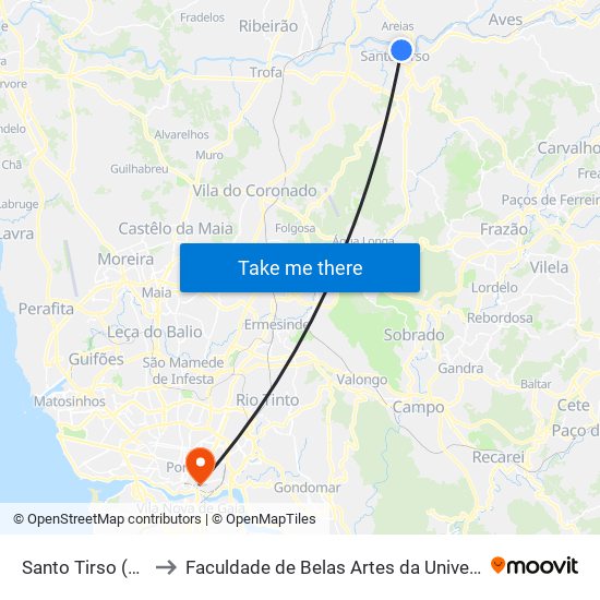 Santo Tirso (Estação) to Faculdade de Belas Artes da Universidade do Porto map