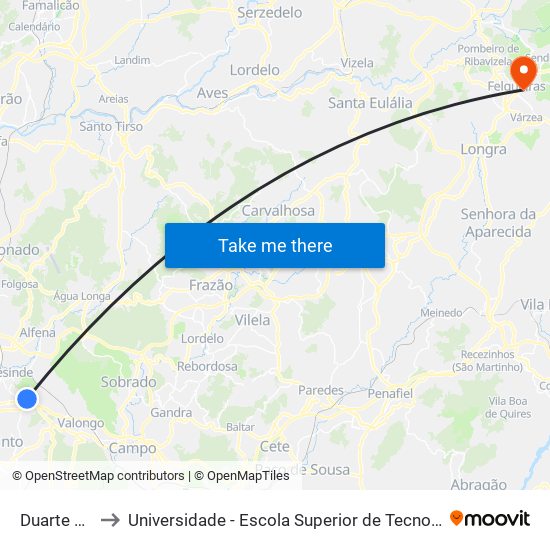 Duarte Pacheco to Universidade - Escola Superior de Tecnologia e Gestão de Felgueiras map