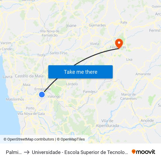 Palmilheira to Universidade - Escola Superior de Tecnologia e Gestão de Felgueiras map