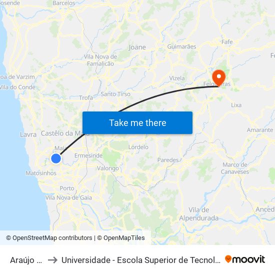 Araújo (Metro) to Universidade - Escola Superior de Tecnologia e Gestão de Felgueiras map