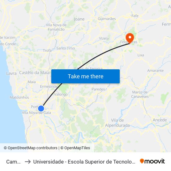 Campanhã to Universidade - Escola Superior de Tecnologia e Gestão de Felgueiras map