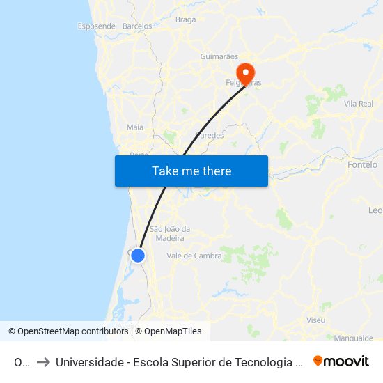 Ovar to Universidade - Escola Superior de Tecnologia e Gestão de Felgueiras map