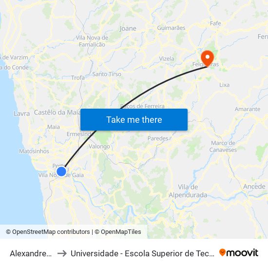 Alexandre Herculano to Universidade - Escola Superior de Tecnologia e Gestão de Felgueiras map