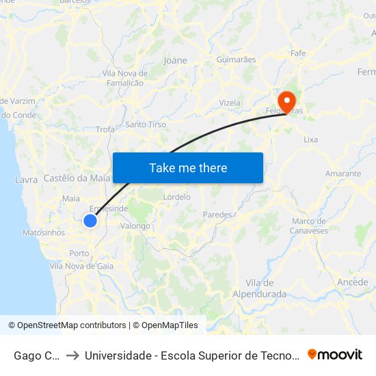 Gago Coutinho to Universidade - Escola Superior de Tecnologia e Gestão de Felgueiras map