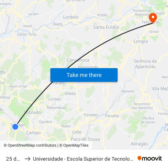 25 de Abril to Universidade - Escola Superior de Tecnologia e Gestão de Felgueiras map