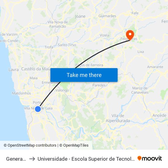 General Torres to Universidade - Escola Superior de Tecnologia e Gestão de Felgueiras map