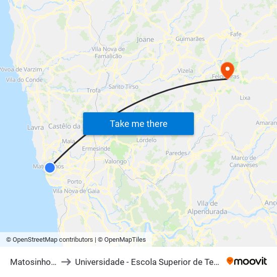 Matosinhos (Tribunal) to Universidade - Escola Superior de Tecnologia e Gestão de Felgueiras map