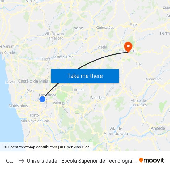 Corga to Universidade - Escola Superior de Tecnologia e Gestão de Felgueiras map