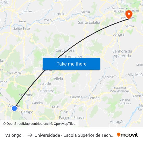 Valongo (Centro) to Universidade - Escola Superior de Tecnologia e Gestão de Felgueiras map