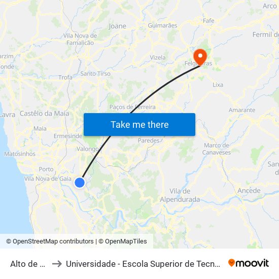 Alto de Ramalde to Universidade - Escola Superior de Tecnologia e Gestão de Felgueiras map
