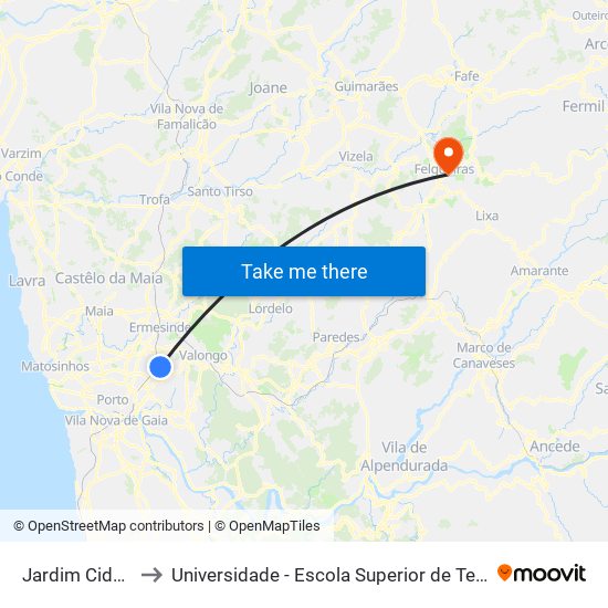 Jardim Cidade Rio Tinto to Universidade - Escola Superior de Tecnologia e Gestão de Felgueiras map