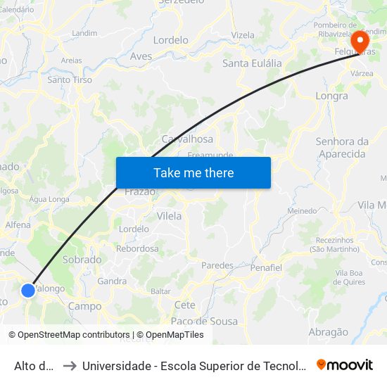 Alto da Serra to Universidade - Escola Superior de Tecnologia e Gestão de Felgueiras map