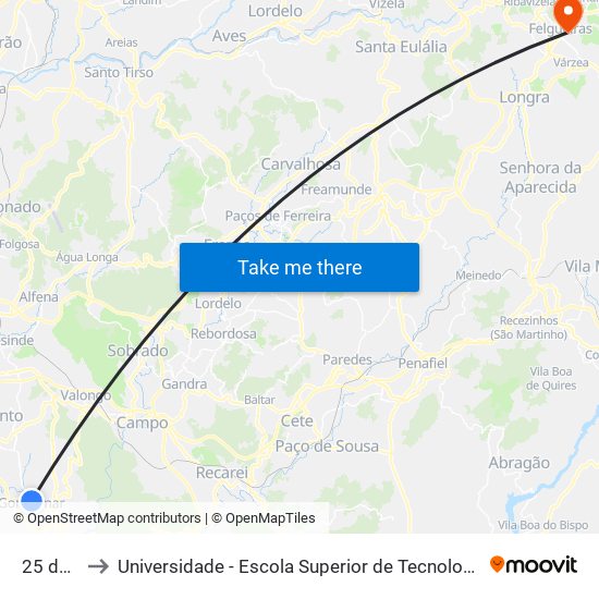 25 de Abril to Universidade - Escola Superior de Tecnologia e Gestão de Felgueiras map