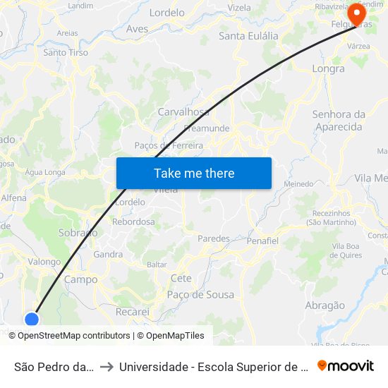 São Pedro da Cova (Covilhã) to Universidade - Escola Superior de Tecnologia e Gestão de Felgueiras map