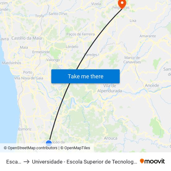 Escapães to Universidade - Escola Superior de Tecnologia e Gestão de Felgueiras map