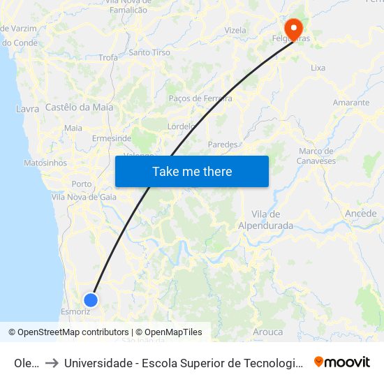 Oleiros to Universidade - Escola Superior de Tecnologia e Gestão de Felgueiras map
