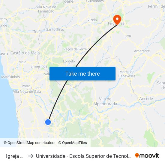 Igreja Sandim to Universidade - Escola Superior de Tecnologia e Gestão de Felgueiras map