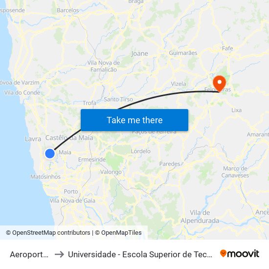 Aeroporto | Airport to Universidade - Escola Superior de Tecnologia e Gestão de Felgueiras map