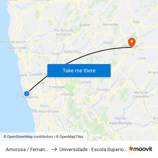 Amorosa / Fernando Aroso (Supermercado) to Universidade - Escola Superior de Tecnologia e Gestão de Felgueiras map