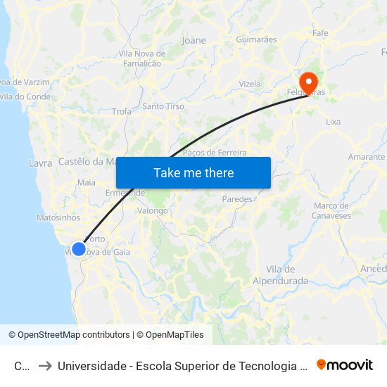 Chãs to Universidade - Escola Superior de Tecnologia e Gestão de Felgueiras map