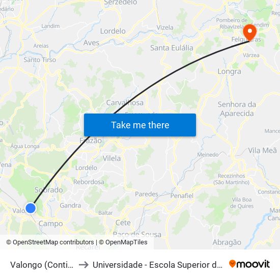 Valongo (Continente / Biblioteca) to Universidade - Escola Superior de Tecnologia e Gestão de Felgueiras map