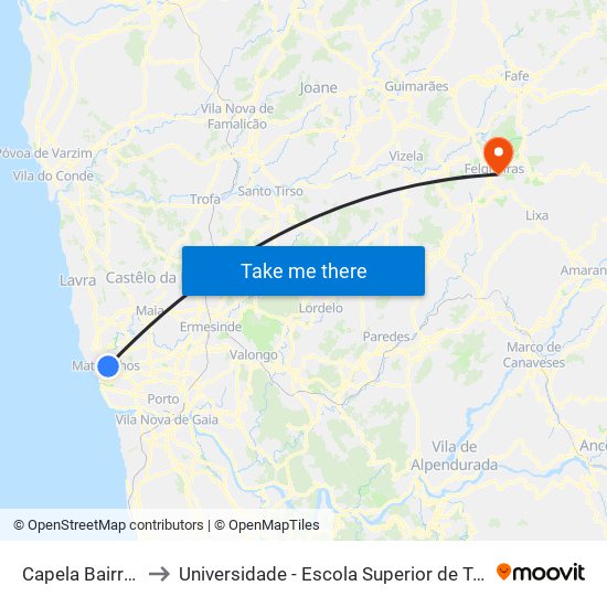 Capela Bairro Pescadores to Universidade - Escola Superior de Tecnologia e Gestão de Felgueiras map