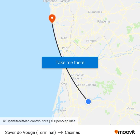 Sever do Vouga (Terminal) to Caxinas map
