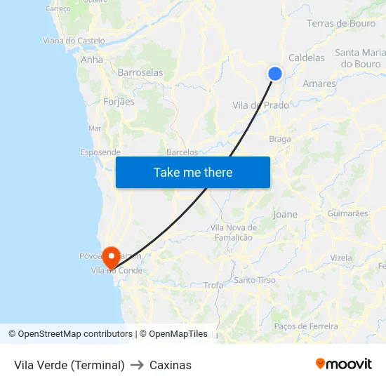 Vila Verde (Terminal) to Caxinas map