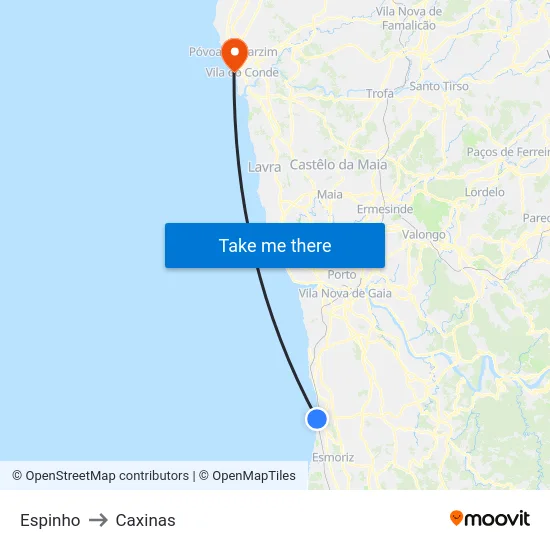 Espinho to Caxinas map