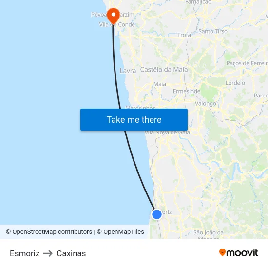 Esmoriz to Caxinas map