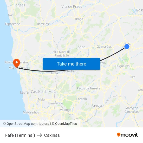 Fafe (Terminal) to Caxinas map