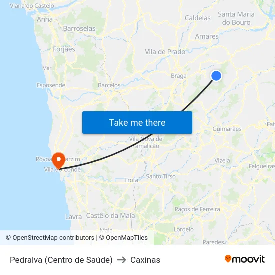Pedralva (Centro de Saúde) to Caxinas map