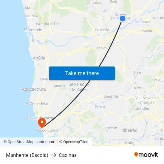 Manhente (Escola) to Caxinas map