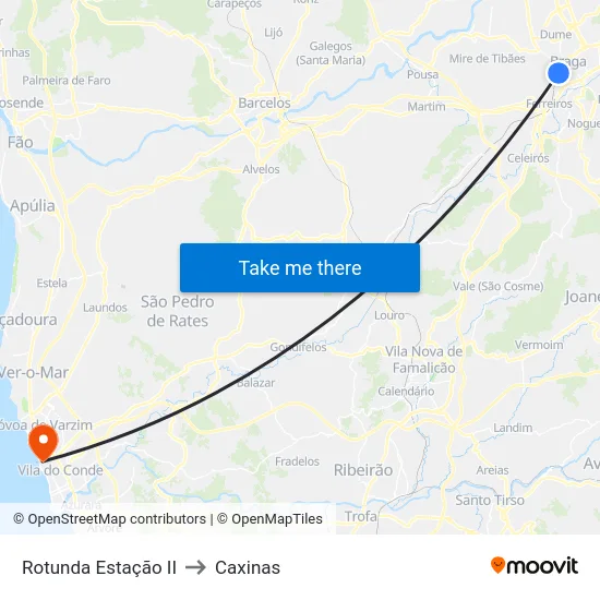Rotunda Estação II to Caxinas map