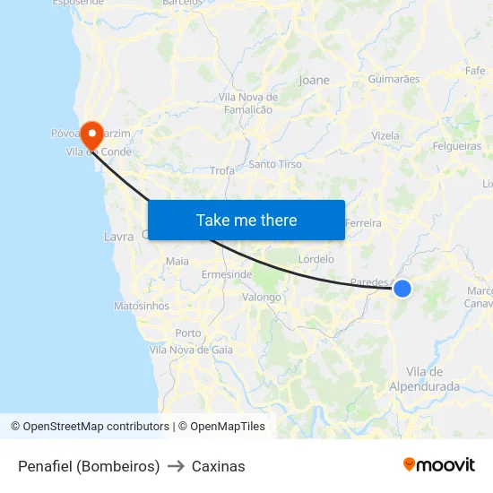 Penafiel (Bombeiros) to Caxinas map