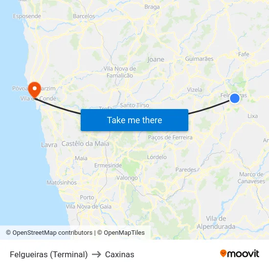 Felgueiras (Terminal) to Caxinas map
