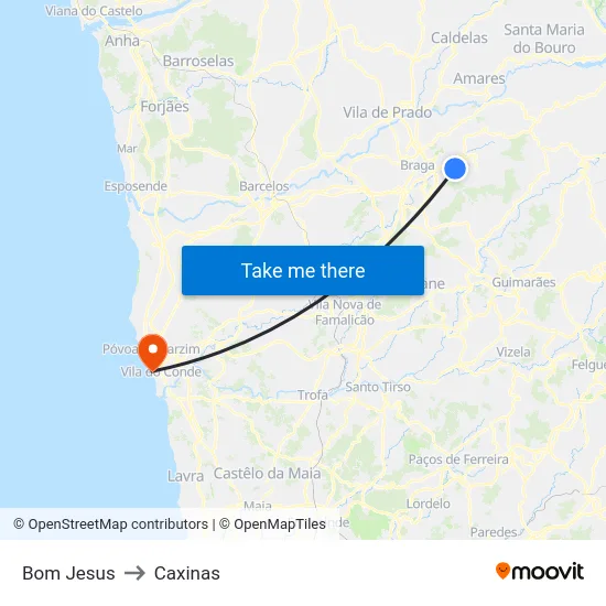 Bom Jesus to Caxinas map