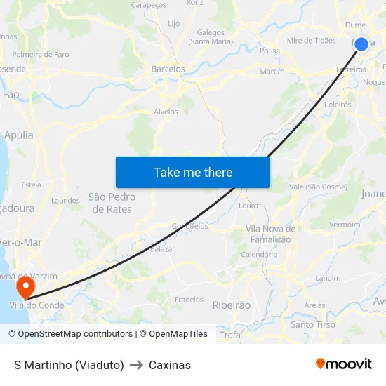 S Martinho (Viaduto) to Caxinas map