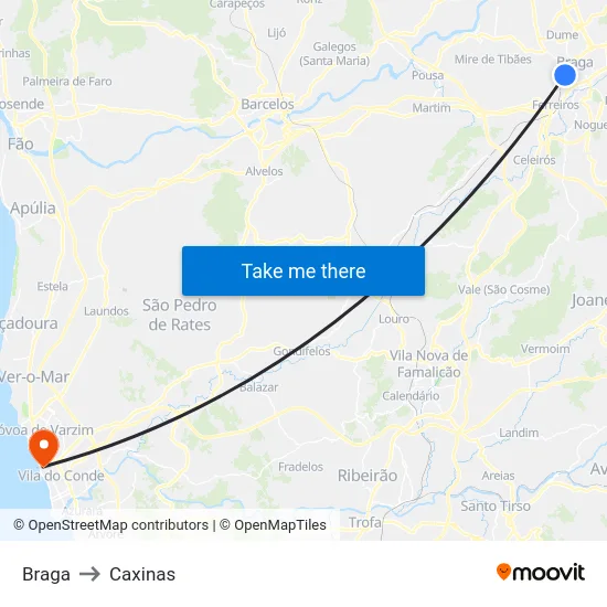 Braga to Caxinas map