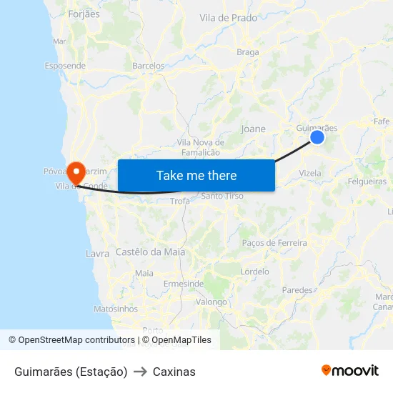 Guimarães (Estação) to Caxinas map