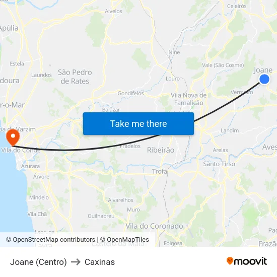 Joane (Centro) to Caxinas map