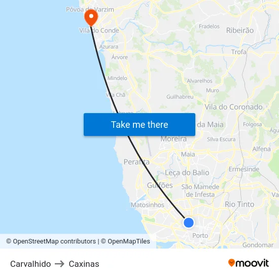 Carvalhido to Caxinas map
