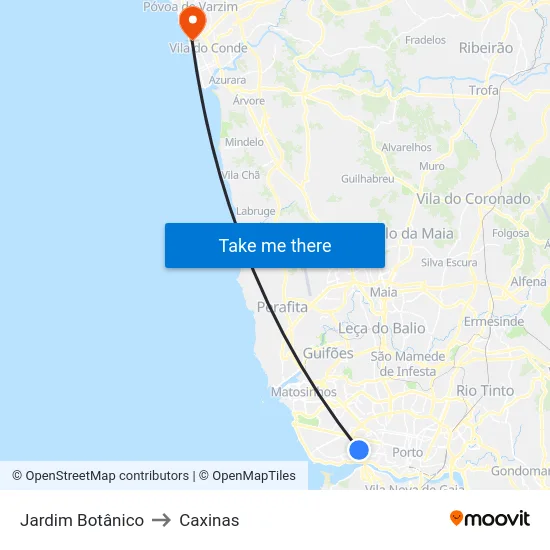 Jardim Botânico to Caxinas map